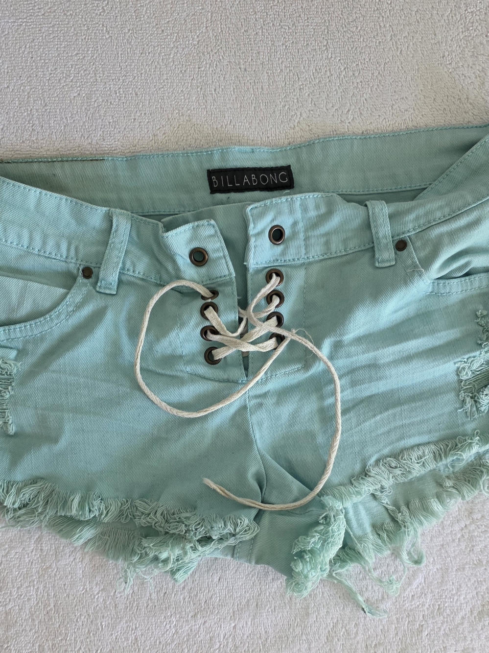 Billabong "Lite Hearted" Lace-Up Distressed Denim Shorts